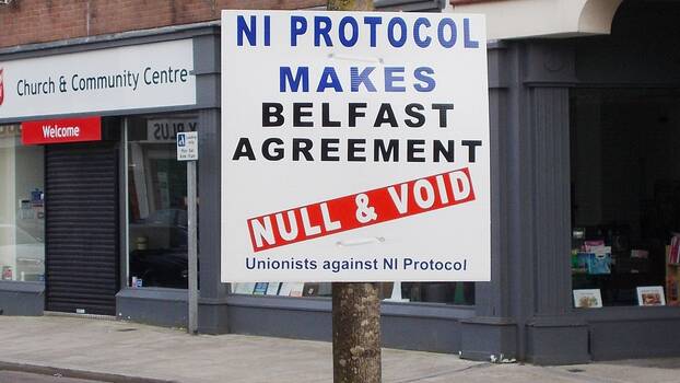 Anti NI Protocol poster. Larne main street 6th March 2021